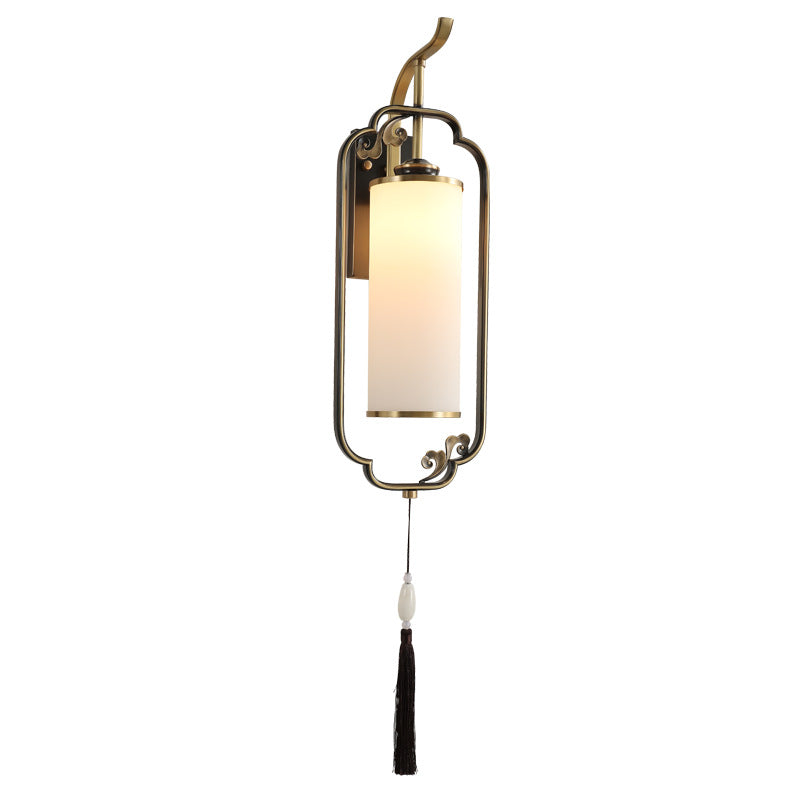 Chinese Copper Iron Glass Column 1-Light Wall Sconce Lamp