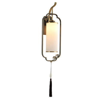 Chinese Copper Iron Glass Column 1-Light Wall Sconce Lamp