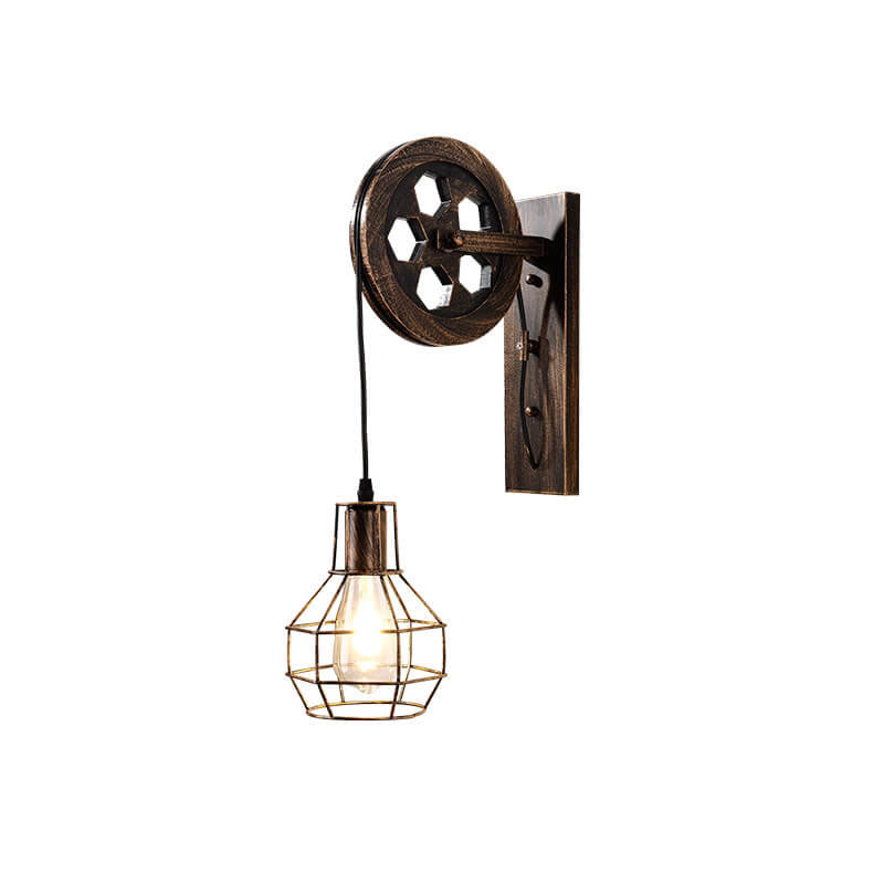 Vintage Iron Pulley Cage 1-Light Wall Sconce Lamp
