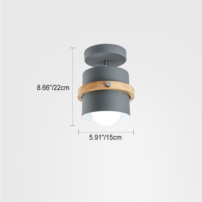 Contemporary Nordic Round Cylinder Iron Wood 1-Light Semi-Flush Mount Ceiling Light For Hallway