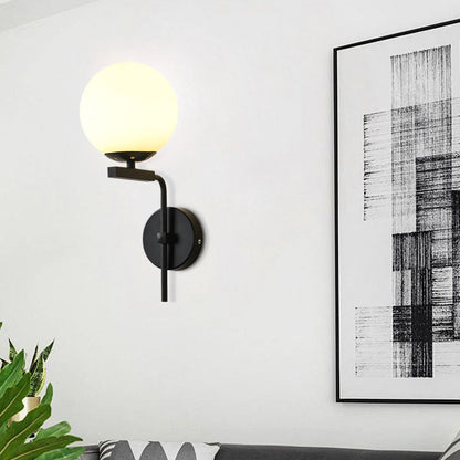 Round Glass Iron Right Angle Arm 1-Light Wall Sconce Lamp