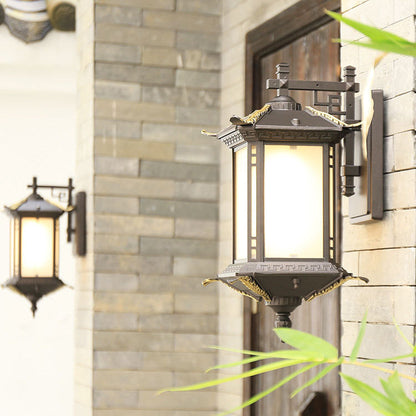 Chinese Rectangular Tower 1-Light Outdoor Wall Sconce Lamp