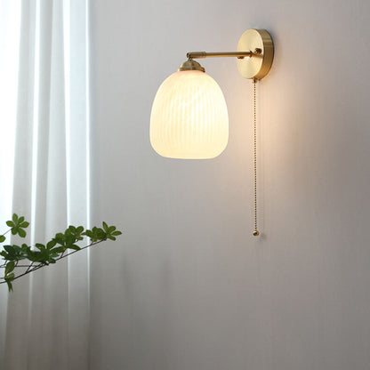 Nordic Striped Milk Glass Brass Pull Cord Wall Sconce