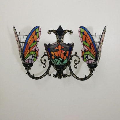 Tiffany Butterfly Alloy Iron Glass 3-Light Wall Sconce Lamp