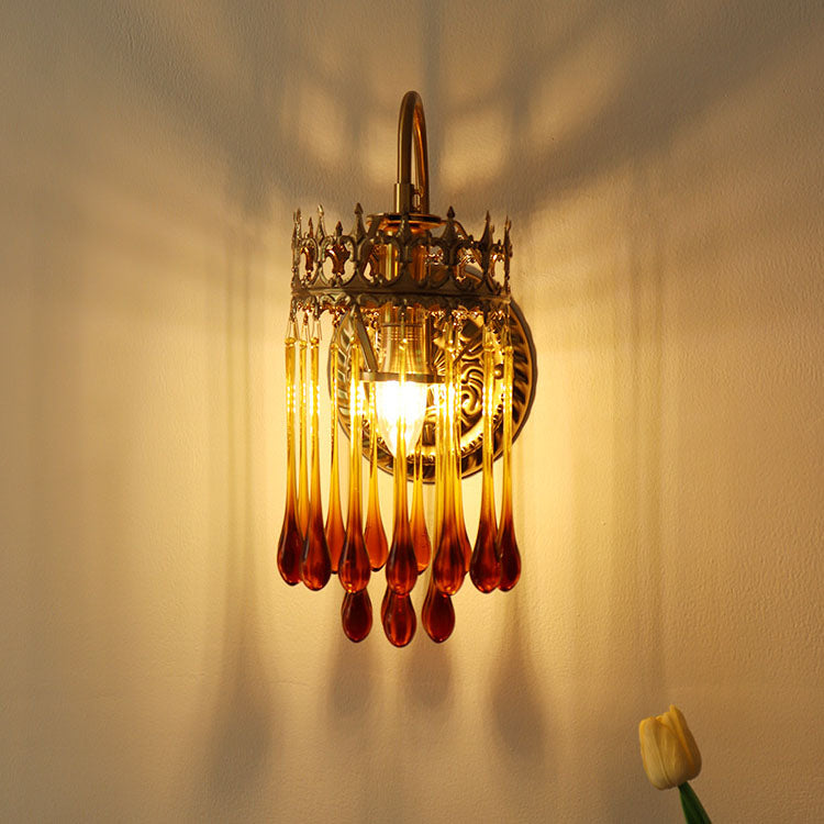French Brown Water Drop Glass 1-Light Wall Sconce Lamp