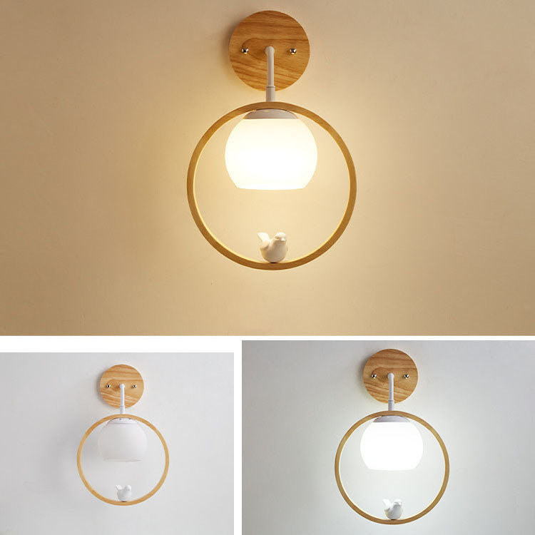 Scandinavian Bird Round Wood Glass 1-Light Wall Sconce Lamp