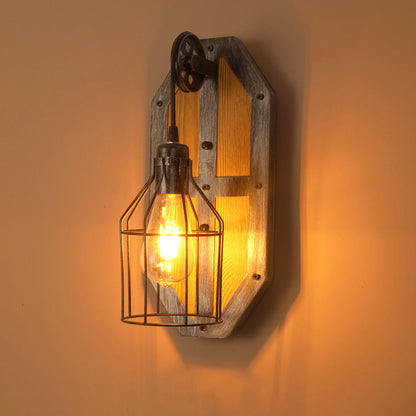Industrial Pine Wood Iron Cage 1-Light Wall Sconce Lamp