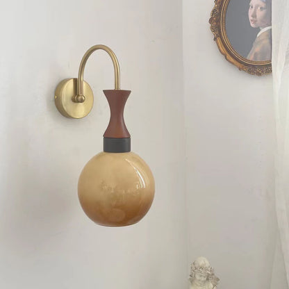 Wooden Iron Lamp Arm Glass Ball 1-Light Wall Sconce Lamp