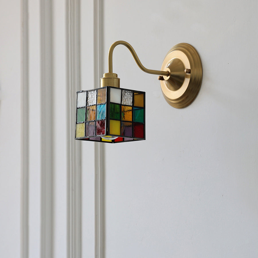 Square Cube Tulip Brass Glass 1-Light Wall Sconce Lamp