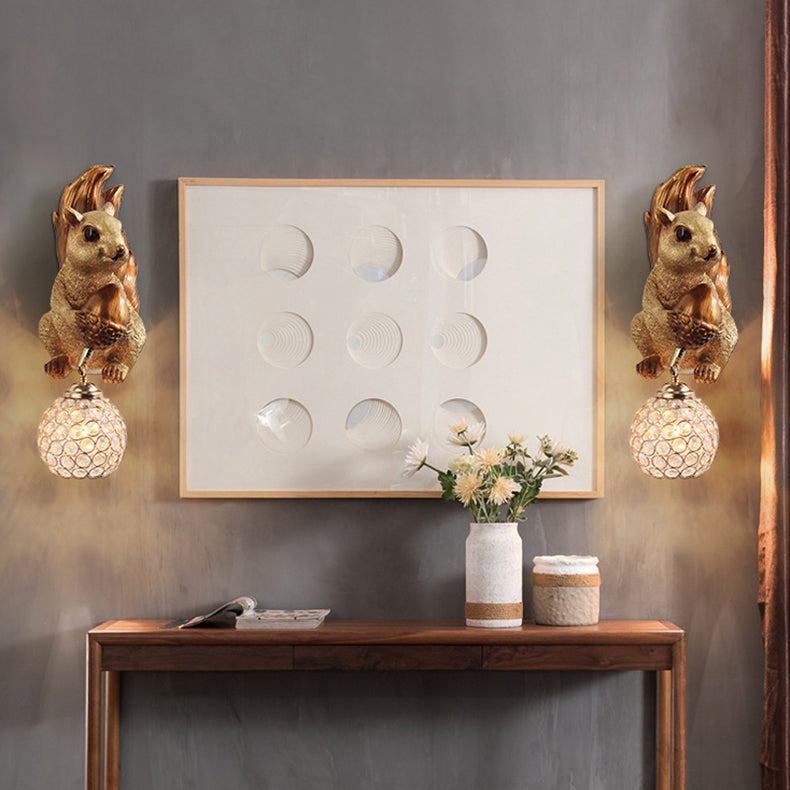 Kids Squirrel Ball Crystal Resin 1-Light Wall Sconce Lamp