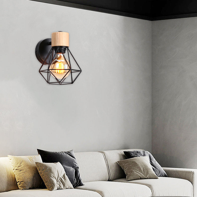 Luxury Iron Wood Polygon Diamond 1-Light Wall Sconce Lamp