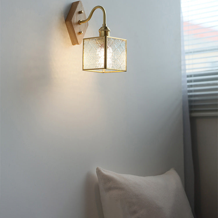 Square Copper Glass Wood 1-Light Wall Sconce Lamp