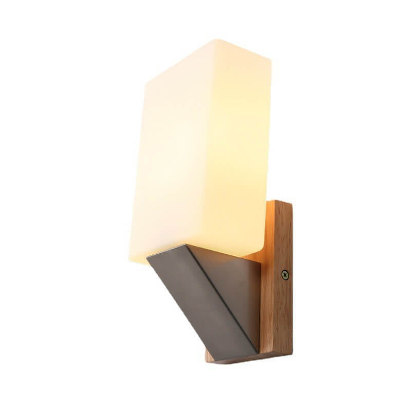 Square Glass Solid Wood Base 1-Light Wall Sconce Lamp