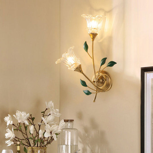 Iron Crystal Glass Flower Leave 2-Light Wall Sconce Lamp
