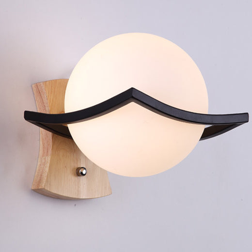 Minimalist Spherical Wood Glass 1-Light Wall Sconce Lamp