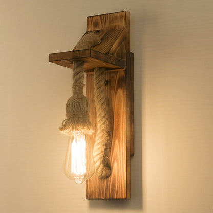 Rectangular Wood Hemp Rope 1-Light Wall Sconce Lamp