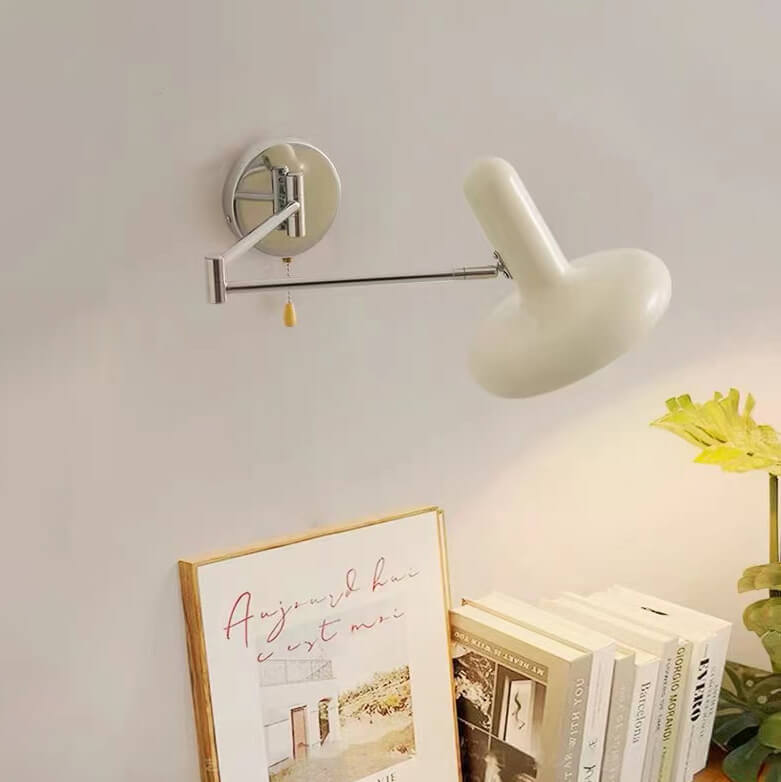 Cream Rocker Arm Round Retractable 1-Light Wall Sconce Lamp