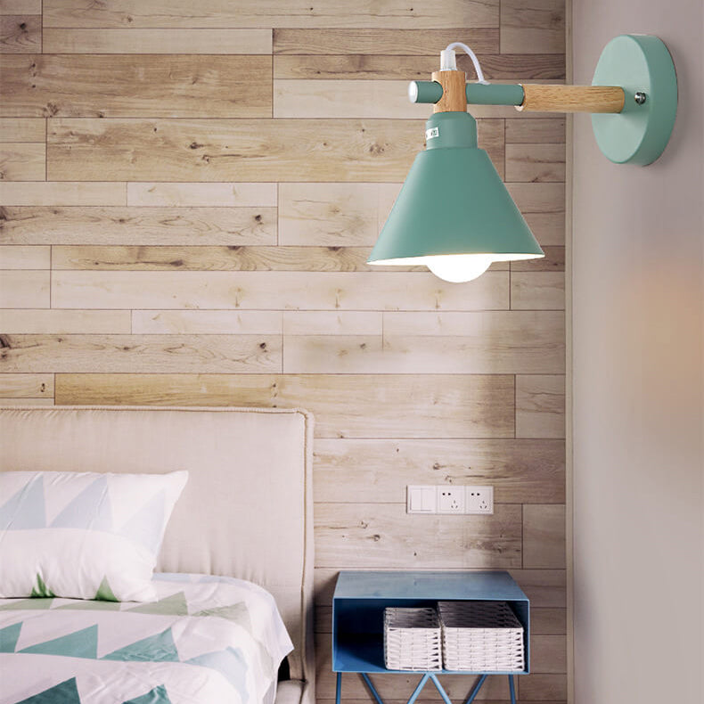 Macaron Iron Trumpet Shaped Wood 1-Light Wall Sconce Lamp