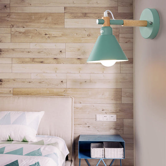 Macaron Iron Trumpet Shaped Wood 1-Light Wall Sconce Lamp