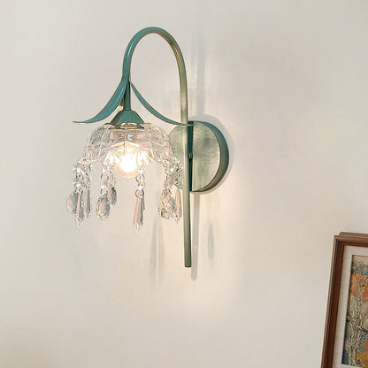 Iron Flower Glass Shade Crystal 1-Light Wall Sconce Lamp