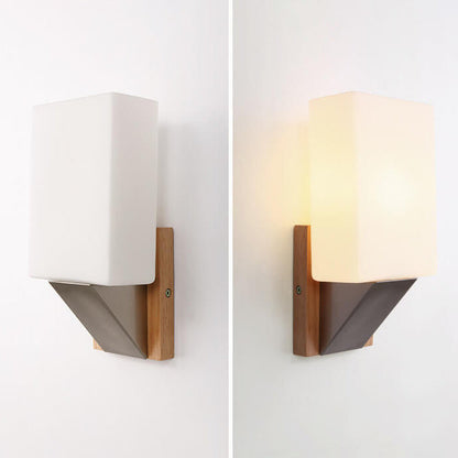 Square Glass Solid Wood Base 1-Light Wall Sconce Lamp