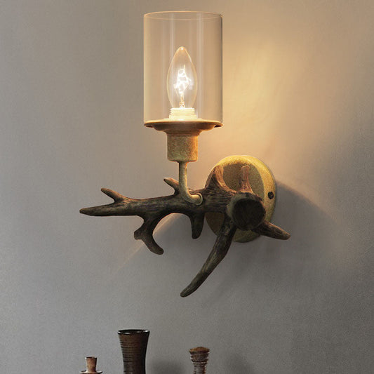 Antler Resin Glass Cylinder 1-Light Wall Sconce Lamp