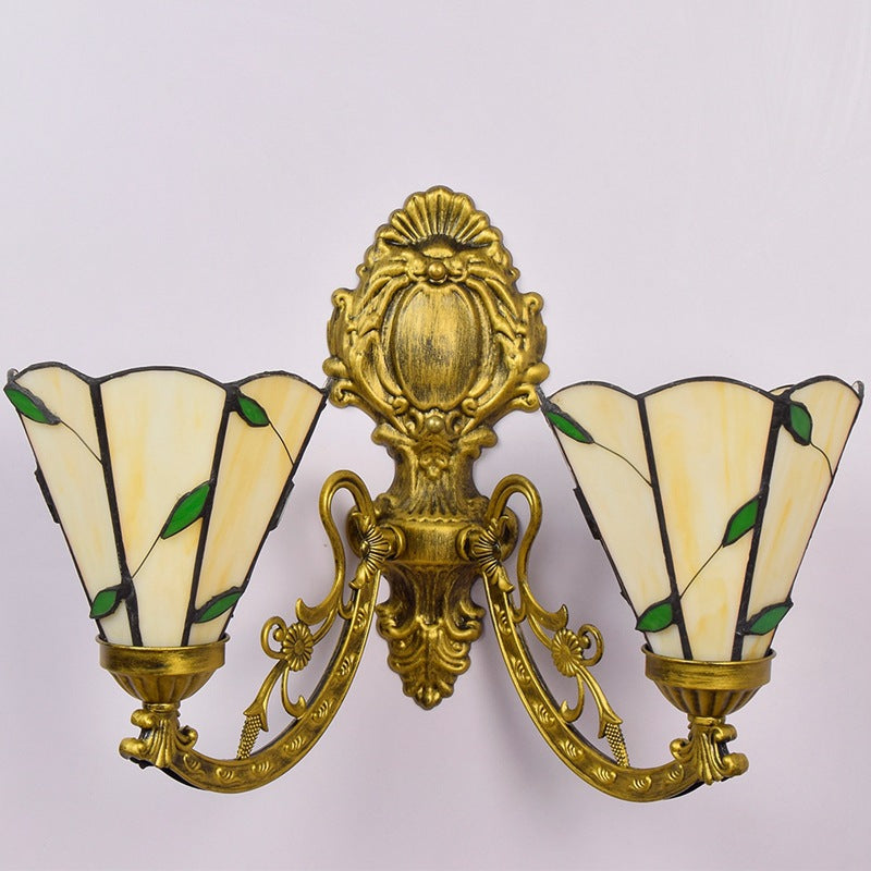 Tiffany Resin Glass Conic Foliage 2-Light Wall Sconce Lamp