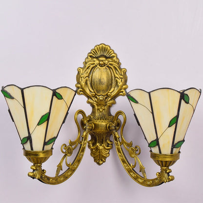 Tiffany Resin Glass Conic Foliage 2-Light Wall Sconce Lamp