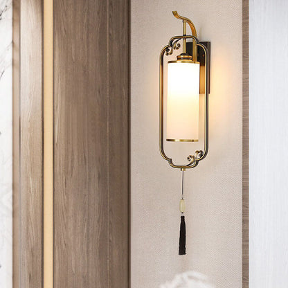 Chinese Copper Iron Glass Column 1-Light Wall Sconce Lamp