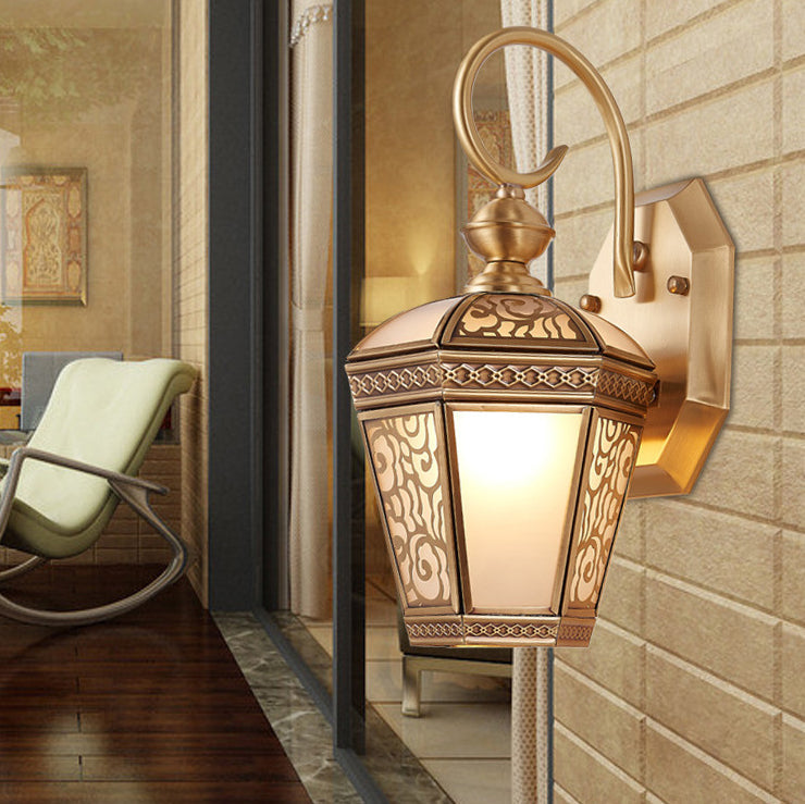 Brass Glass Hexagonal Lantern 1-Light Wall Sconce Lamp