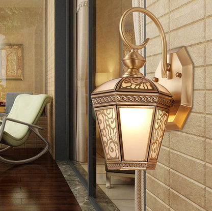 Brass Glass Hexagonal Lantern 1-Light Wall Sconce Lamp