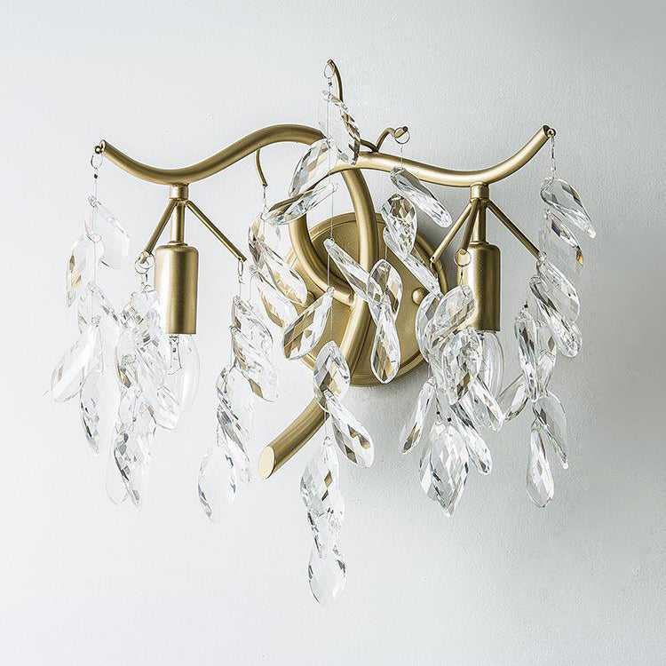 French Leaf Iron Copper Crystal 2-Light Wall Sconce Lamp