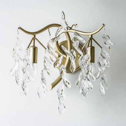 French Leaf Iron Copper Crystal 2-Light Wall Sconce Lamp