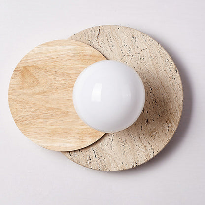 Japanese White Travertine Disc 1-Light Wall Sconce Lamp