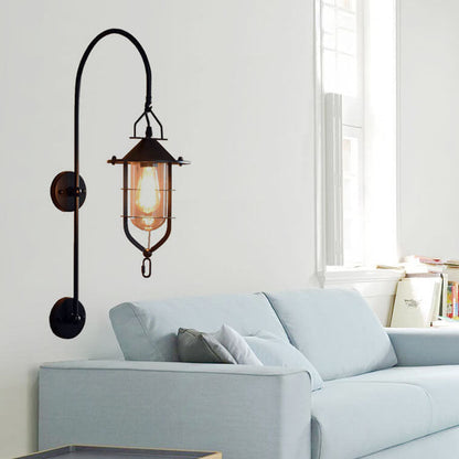 Iron Glass Cage Curved Arm 1-Light Wall Sconce Lamp