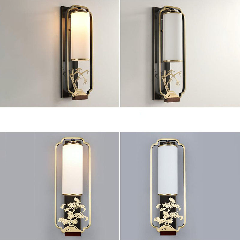 Chinese Glass Cylinder Shade 1-Light Wall Sconce Lamp