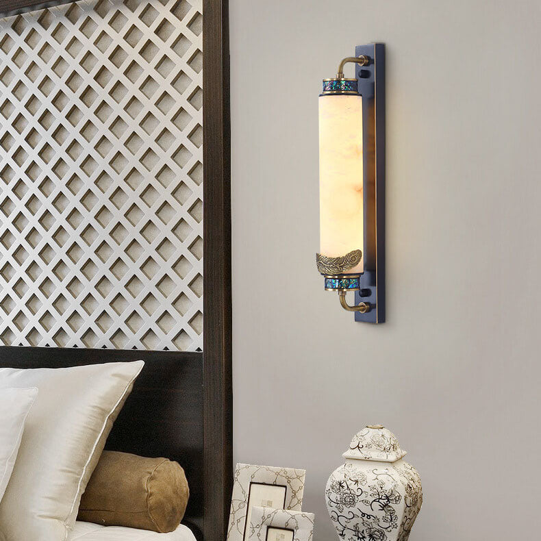 Chinese Marble Copper Column Brass LED Wall Sconce Lamp