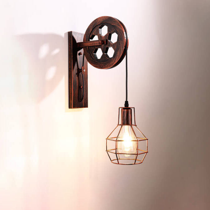 Vintage Iron Pulley Cage 1-Light Wall Sconce Lamp