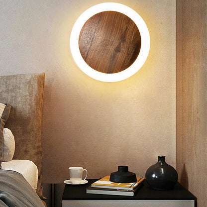 Japanese Black Walnut Round Shade LED Wall Sconce Lamp