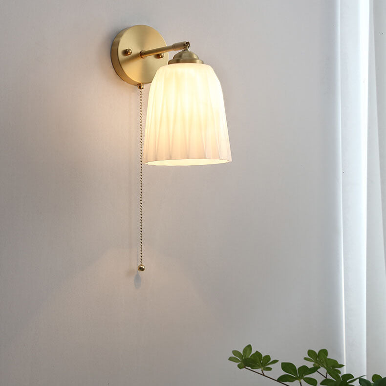 Nordic Striped Milk Glass Brass Pull Cord Wall Sconce