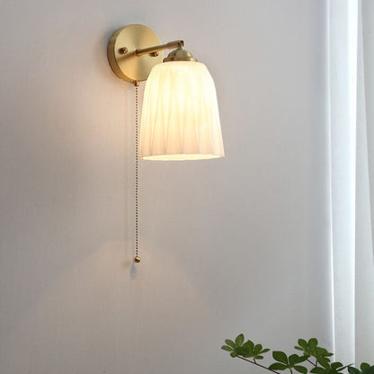 Nordic Striped Milk Glass Brass Pull Cord Wall Sconce