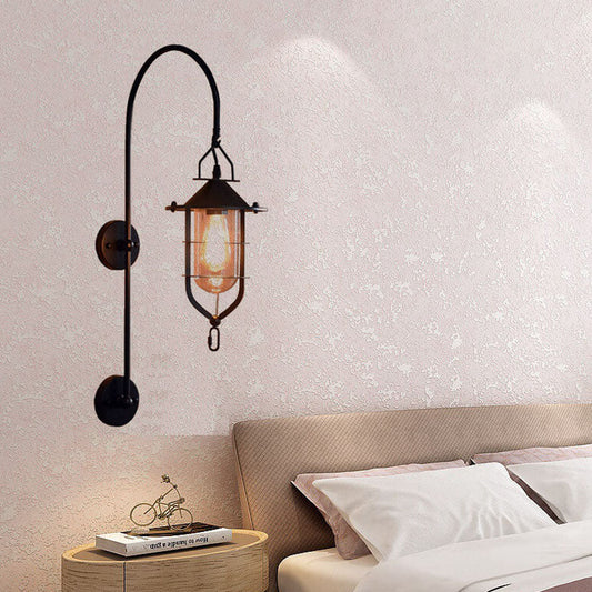 Iron Glass Cage Curved Arm 1-Light Wall Sconce Lamp