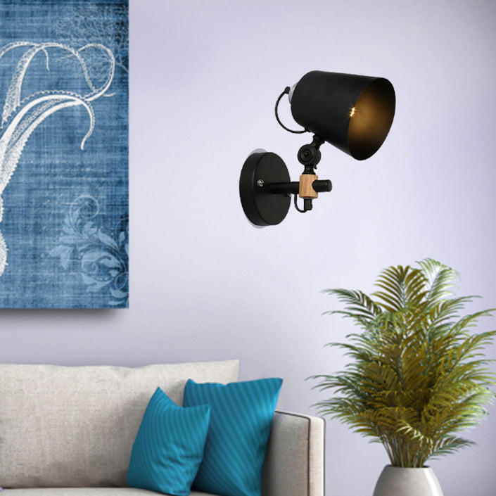 Scandinavian Iron Shade Wood 1-Light Wall Sconce Lamp