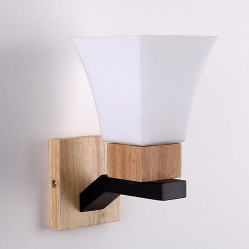 Quadrangular Solid Wood Iron Glass 1-Light Wall Sconce Lamp