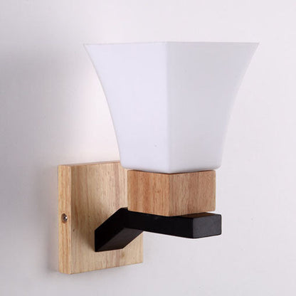 Quadrangular Solid Wood Iron Glass 1-Light Wall Sconce Lamp
