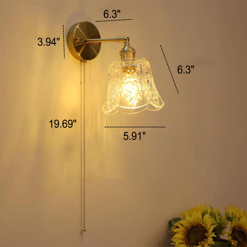 French Light Brass Glass Pull Wire 1-Light Wall Sconce Lamp