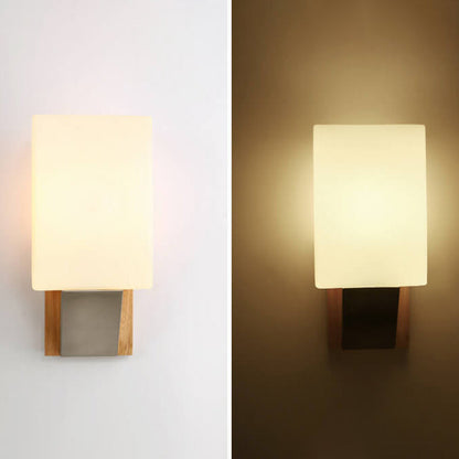 Square Glass Solid Wood Base 1-Light Wall Sconce Lamp