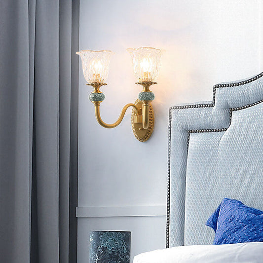 Floral Glass Brass Curved Arm 1/2 Light Wall Sconce Lamp