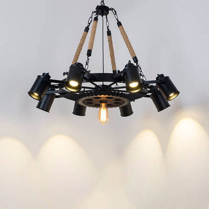Industrial Retro Gear Wrought Ion Hemp Rope 6/8/10-Light Chandelier