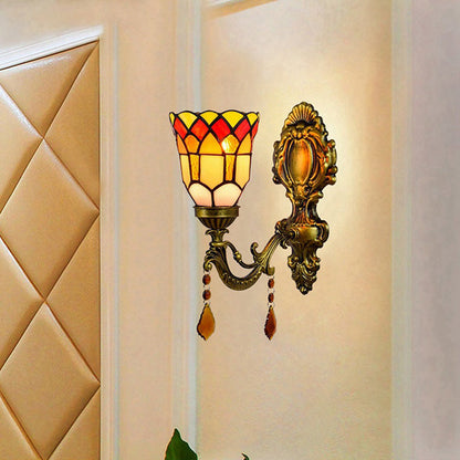 Tiffany Iron Crystal Stained Glass 1-Light Wall Sconce Lamp